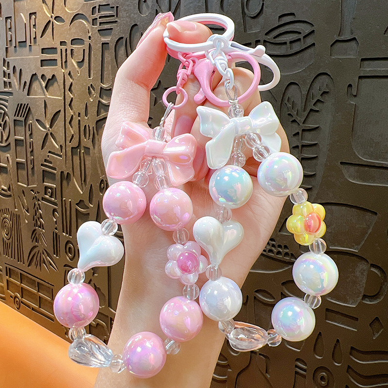 creative fresh candy color plating color beaded keychain bow love key chain bag small pendant supply details Picture