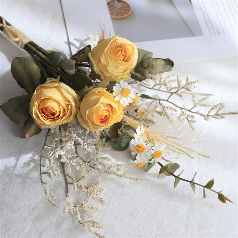 high-grade realistic retro burnt edge rose daisy fake/artificial flower bouquet dried flower home table decoration ornaments full figure
