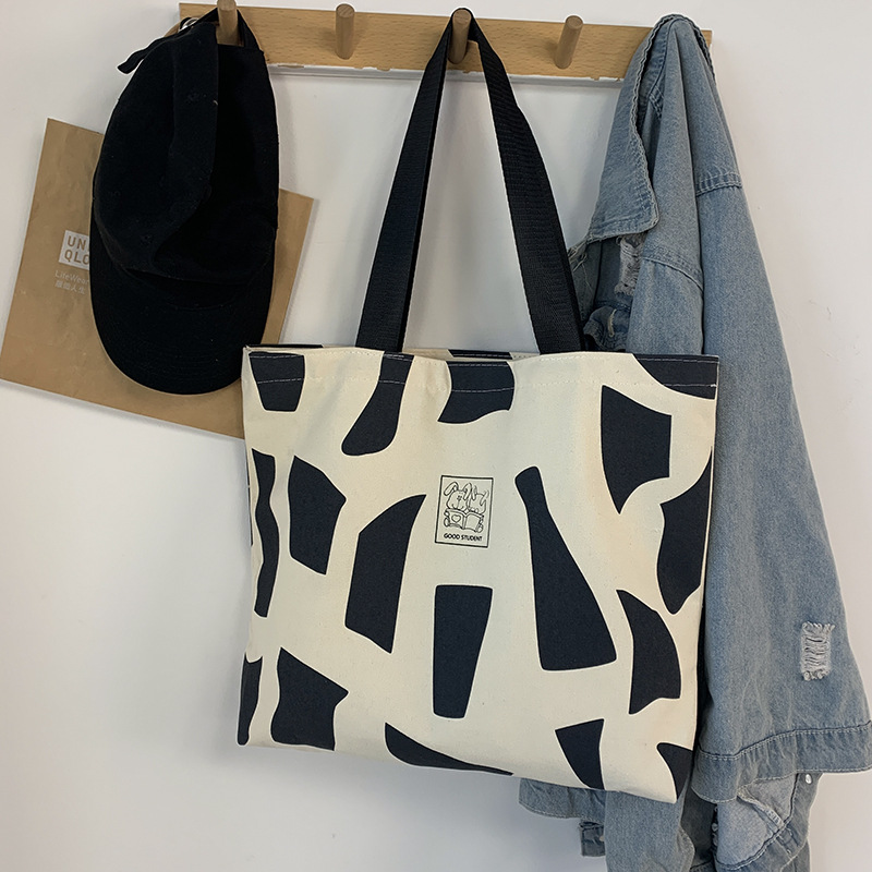 canvas bag female one-shoulder class college student book holding ins korean style with zipper artistic design sense portable canvas bag Specification drawing