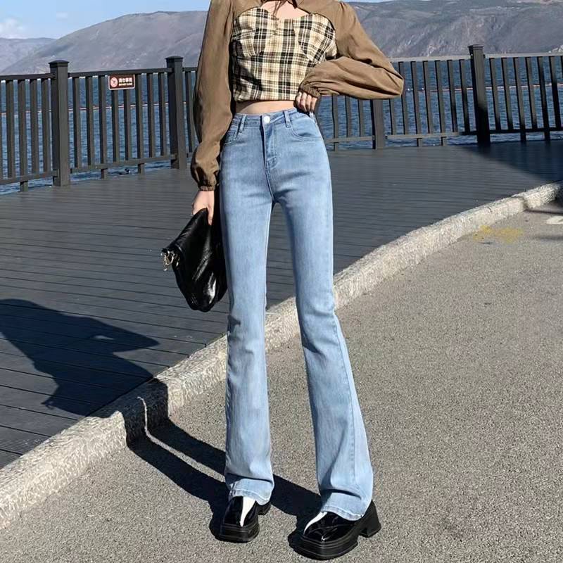 slightly flared stretch jeans women's autumn and winter horseshoe pants small blue gray slimming high slim fit straight mopping pants Specification drawing