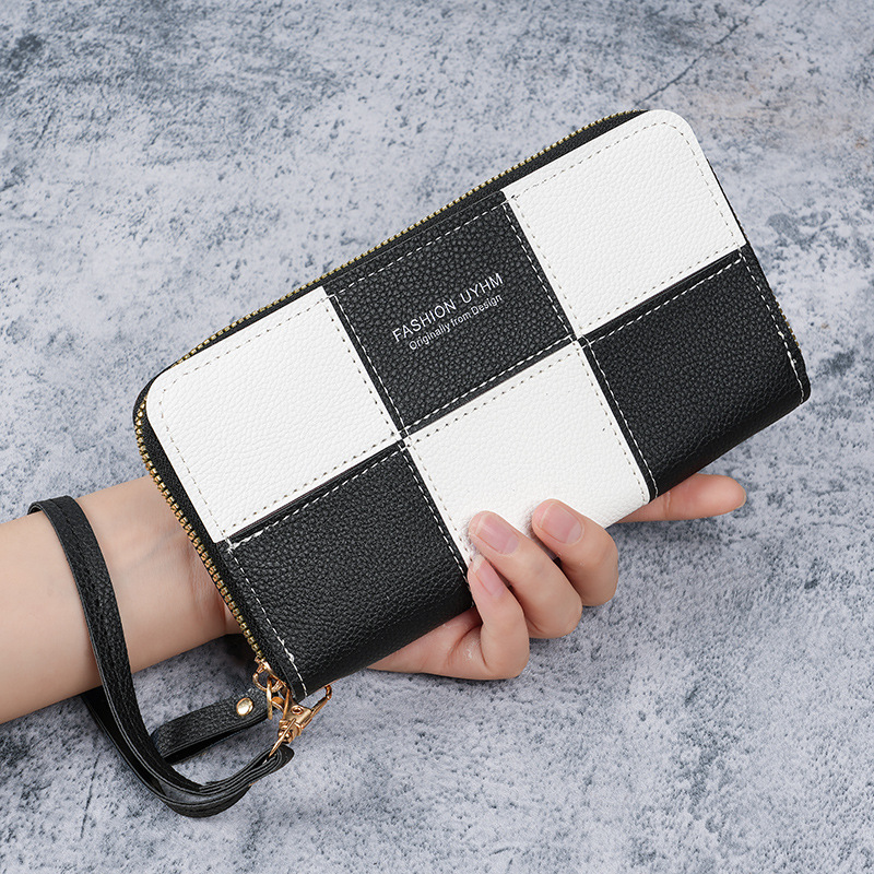 new wallet women's long patchwork retro single zipper handbag large capacity change and mobile phone bag practical wrist bag Item Picture