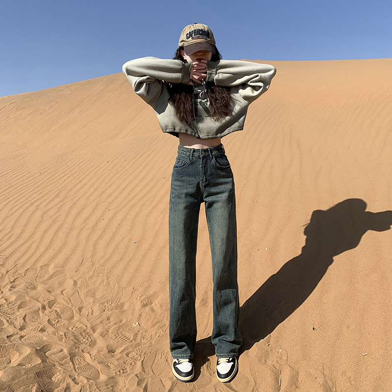 cement gray jeans for women spring and autumn new straight loose slimming high waist narrow version wide-leg pants lengthened Item Picture
