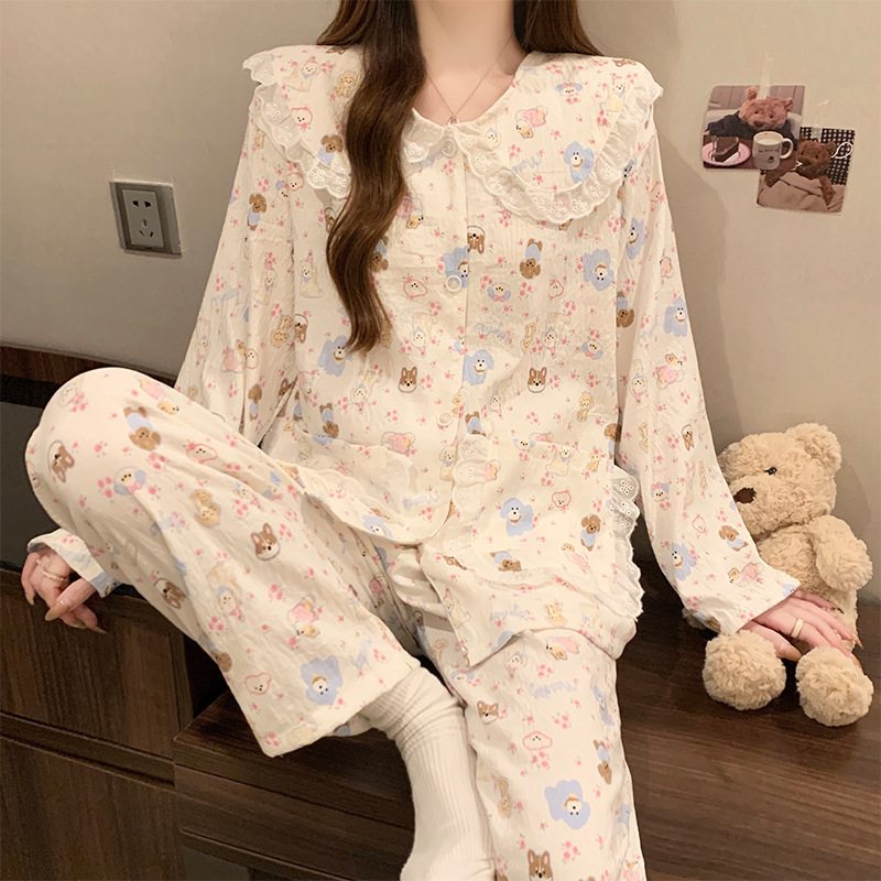 new cartoon lace doll collar cloud cotton long-sleeved pajamas women's spring and autumn winter sweet home wear wholesale full figure