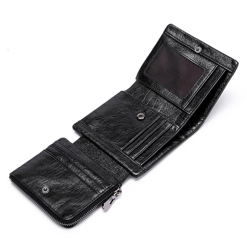 three fold genuine leather retro wallet short rfid anti-theft money brush set multiple card slots oil wax cowhide wallet men full figure