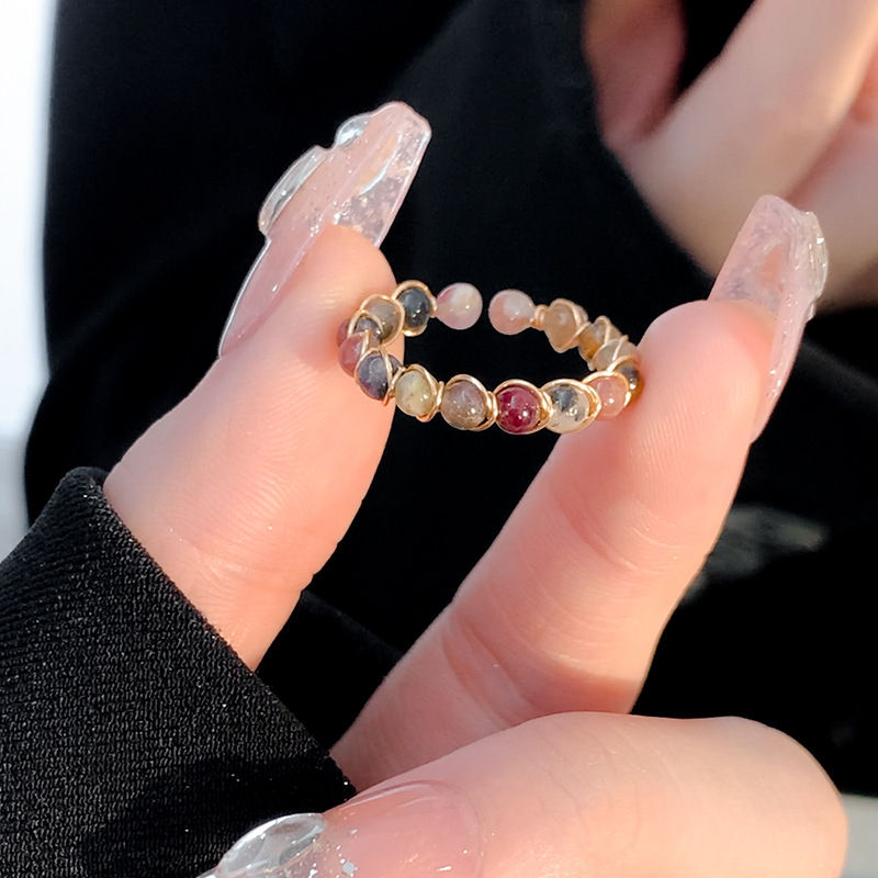 natural stone tourmaline ring female special-interest design high sense simple bracelet ring retro little finger ring open index finger ring female details Picture