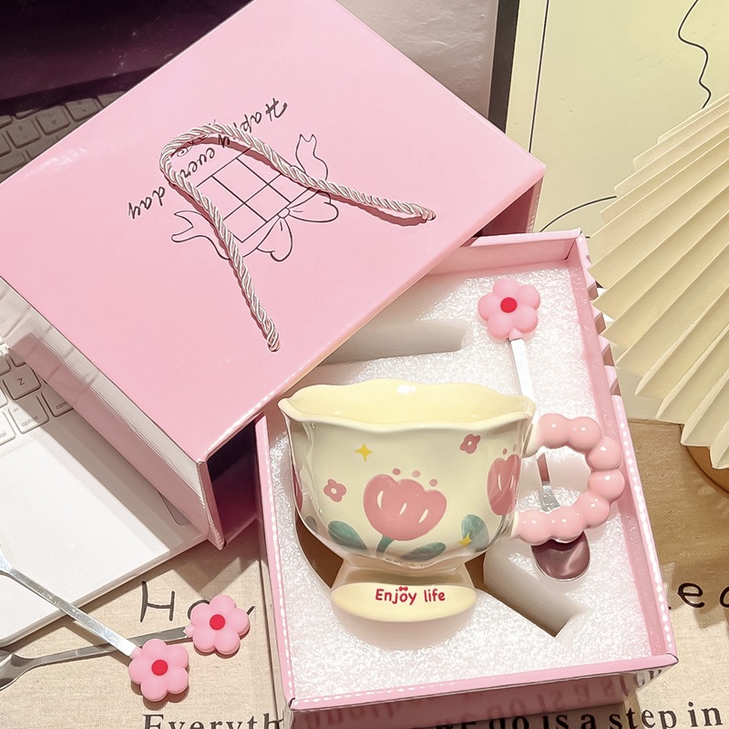 good-looking birthday gift for girls hand gift cup tulip ceramic cup gift box flower mark cup full figure