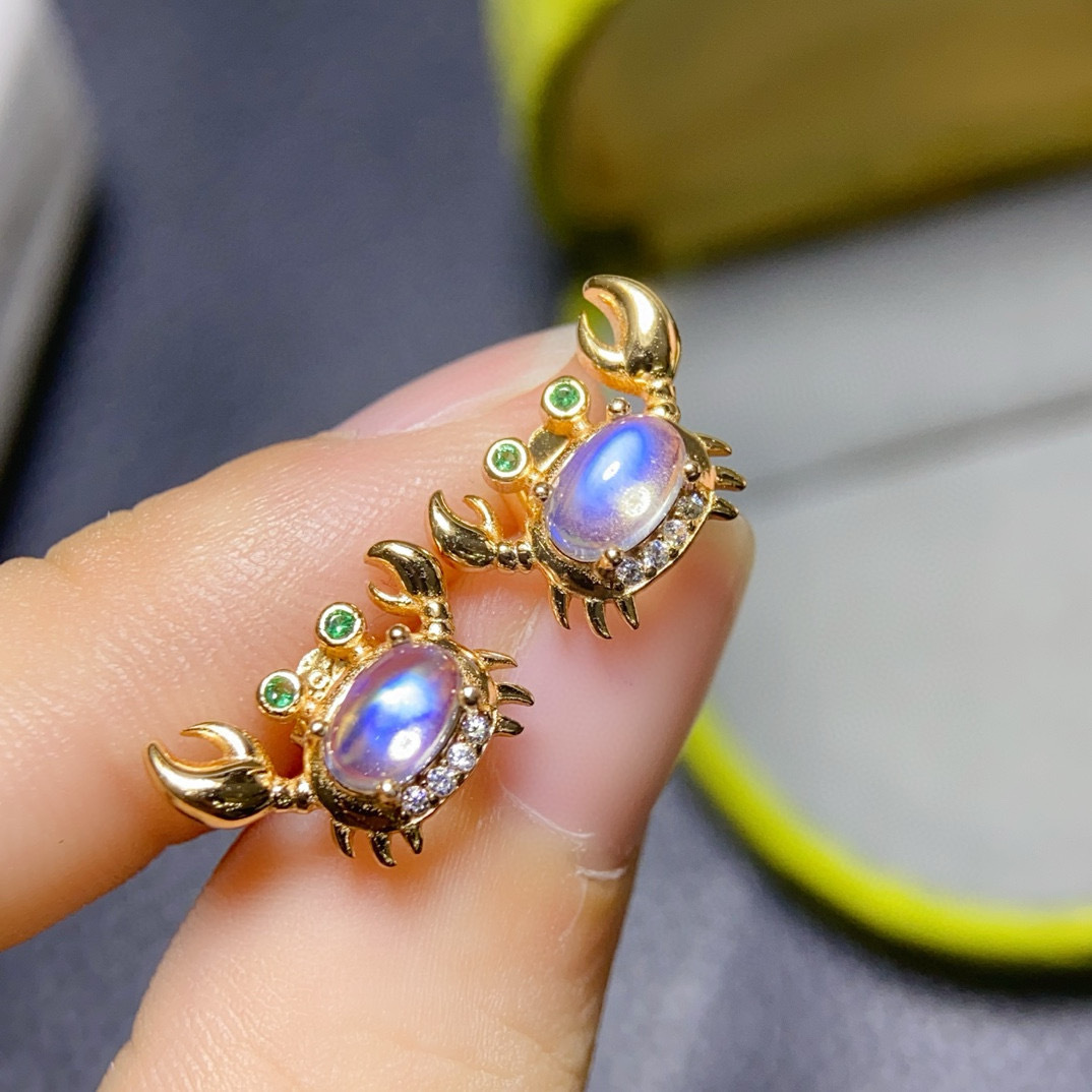 sterling silver inlaid natural moonstone pendant rings ear studs little crab style super cute stone 6*8 mm4 * 6mm full figure