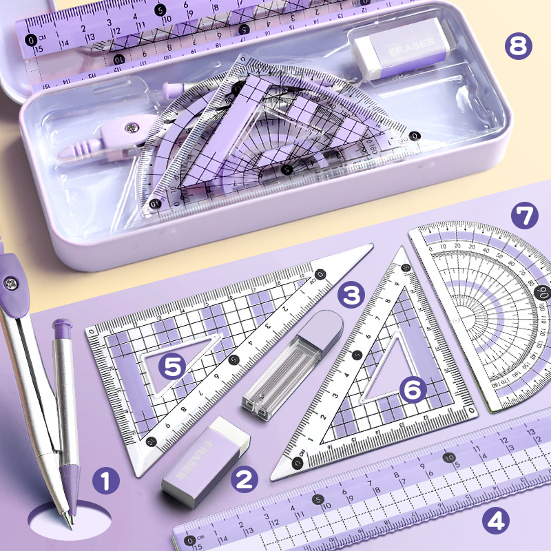 ruler 8-piece set student only compasses protractor set square ruler measuring drawing full set ruler stationery gift bag Application Scenario