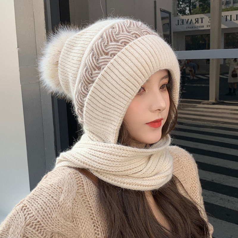 winter hat women's scarf earmuffs fashion wind and snow scarf integrated with hat wool knitted cap warm earflaps cap full figure
