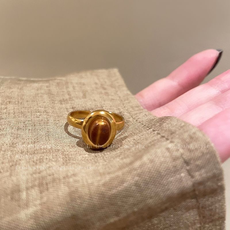 gold tigereye open ring for women special-interest design fashion retro index finger ring light luxury high-grade mid-ancient ring full figure