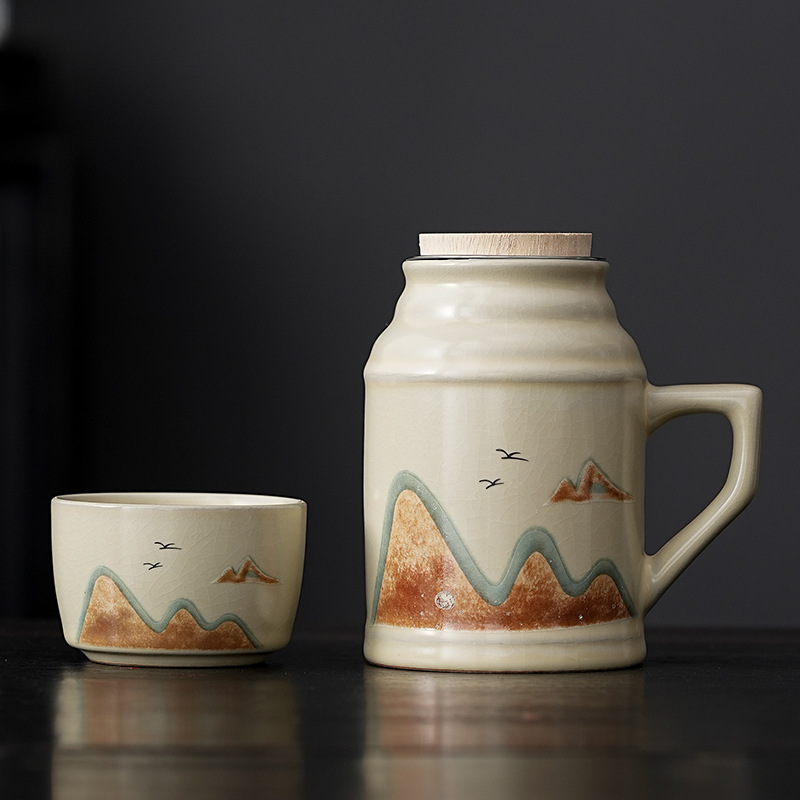 yuanshan ru ware small insulation pot ceramic braised teapot with tea cup gift box large capacity household mug office cup gift Specification drawing