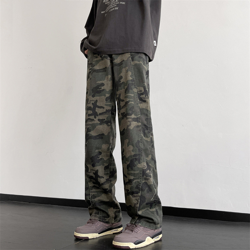 spring high street flared trousers american camouflage jeans men's straight vibe design high sense factory direct sales full figure