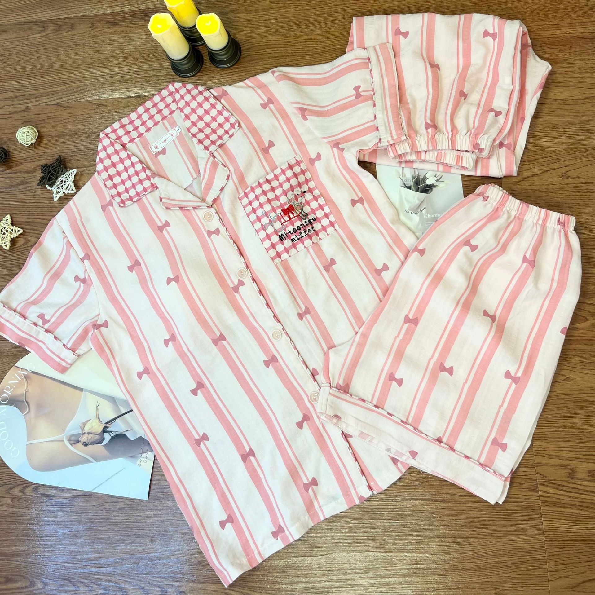 sweet cool leopard pattern three-piece pajamas women's summer new tencel cotton short-sleeved trousers with chest pad home wear suit full figure