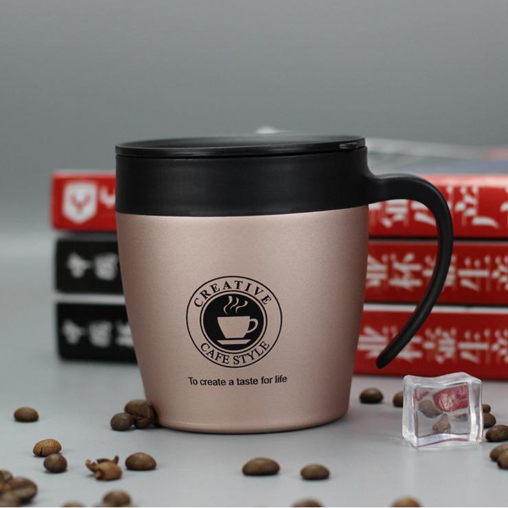 304 stainless steel mug cup office household coffee cup with spoon double layer with lid foreign trade cross-border gift cup full figure