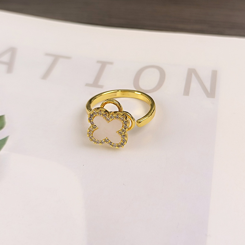 popular copper plating 18k ring rotating clover fritillary ring full diamond flowers openings adjustable index finger ring Specification drawing
