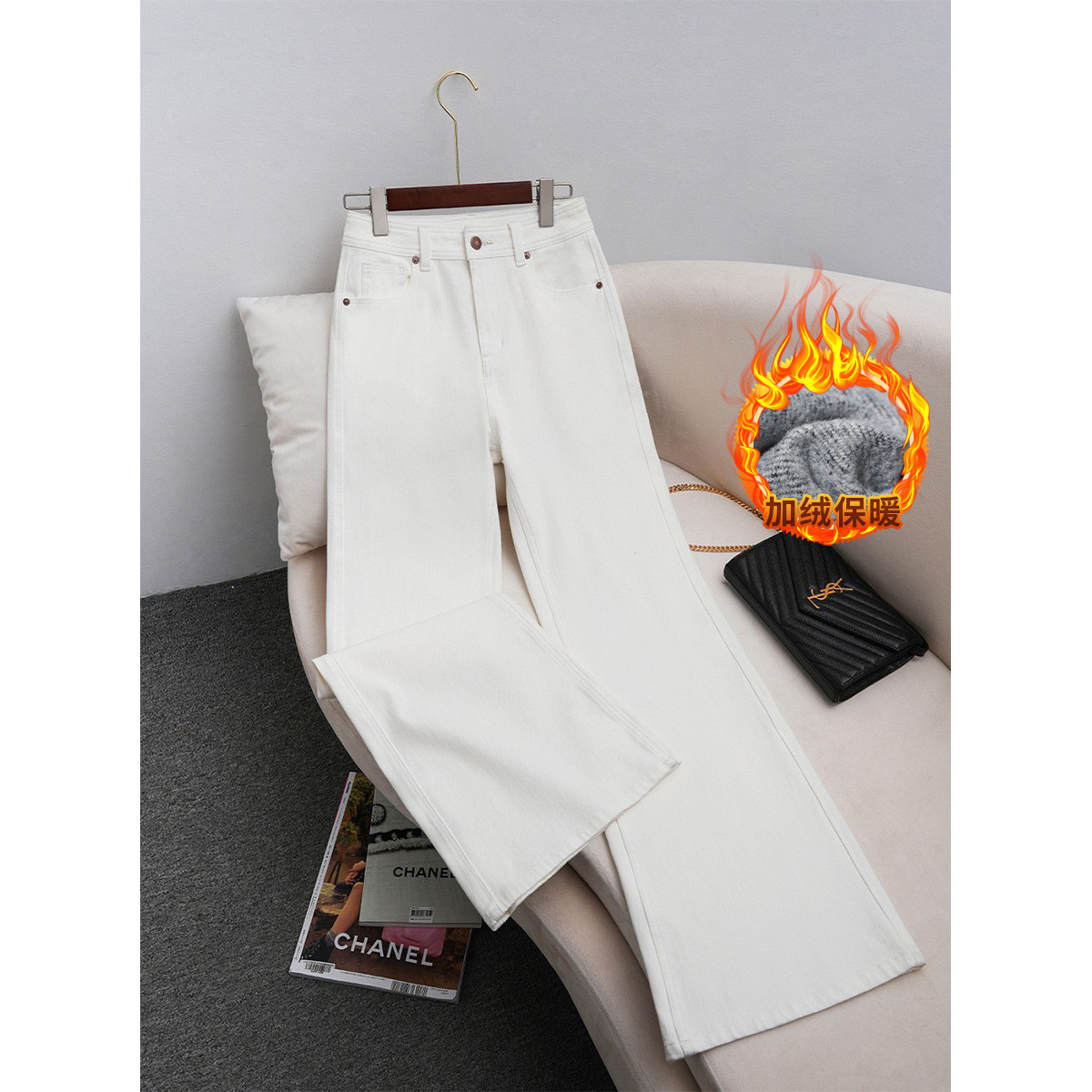 super model leg slightly flared jeans women's 25 autumn and winter fleece-lined high waist stretch slim fit mop hong kong style slim-fit straight full figure