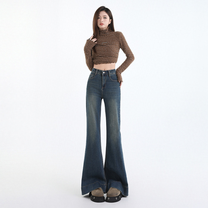 spring and autumn no leg skinny jeans women's high waist loose fitted figure flattering american retro blue lengthened bell-bottom pants Item Picture
