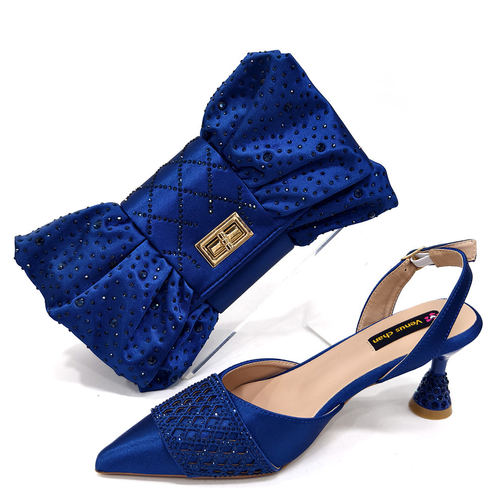 dark blue pointed toe women's shoes and bags set hollow design rhinestone embellished heel suitable for banquet and daily Application Scenario