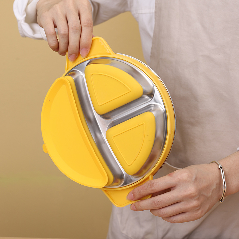 stainless steel children's tableware integrated compartment plate sucker fixed baby drop-resistant complementary food children's dinner plate wholesale full figure