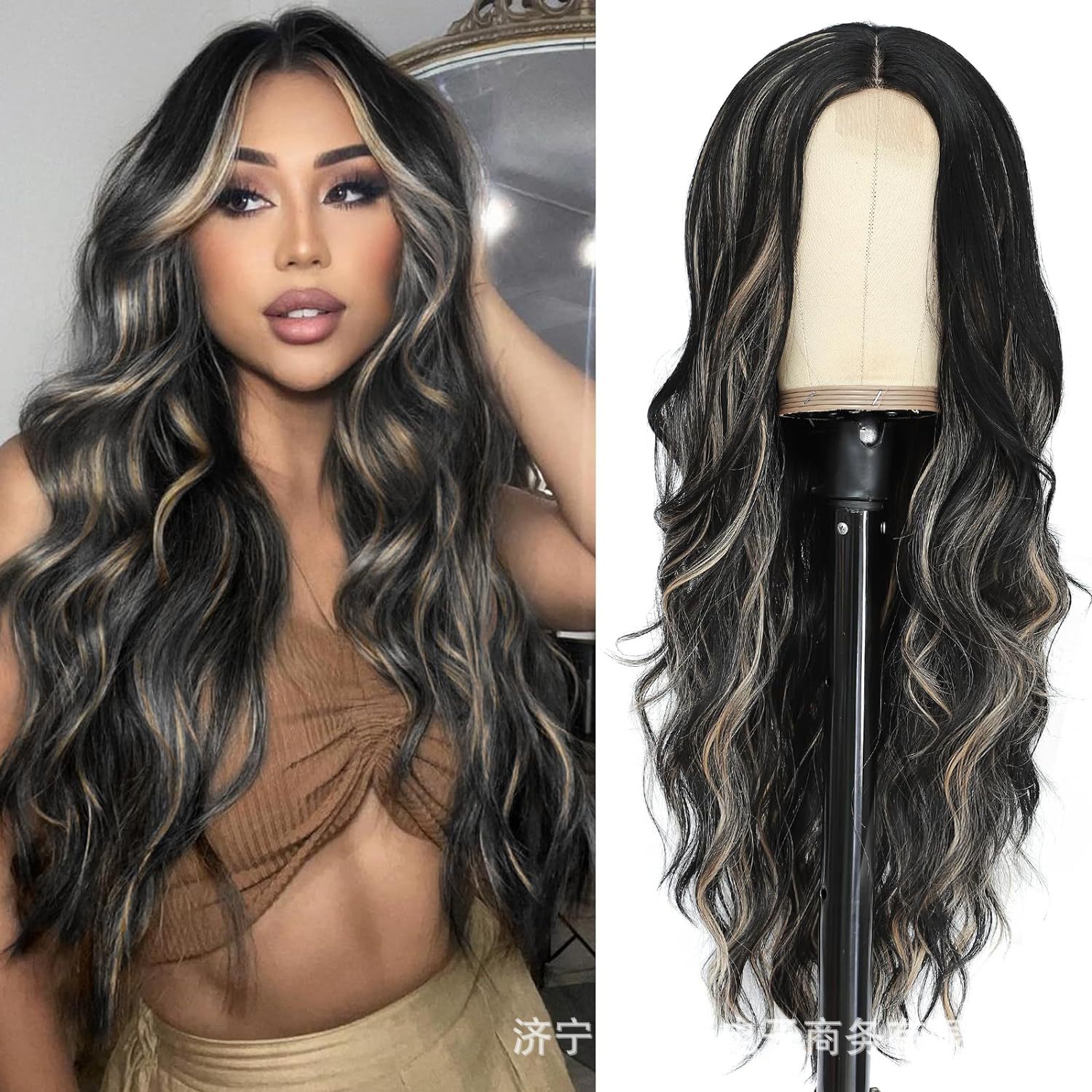 chemical fiber wig female gradient golden wave 26-inch long curly wave head cover natural high-temperature fiber wig cross-border Item Picture