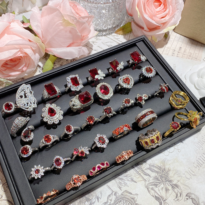 camellia luxury colored gems imitation ruby ring female medieval design lady dinner party red corundum all-match earrings full figure