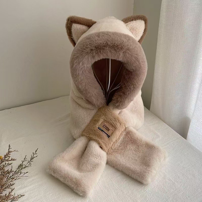 new bear hat scarf integrated female winter korean style all-matching thick warm riding electric car windproof earflaps details Picture