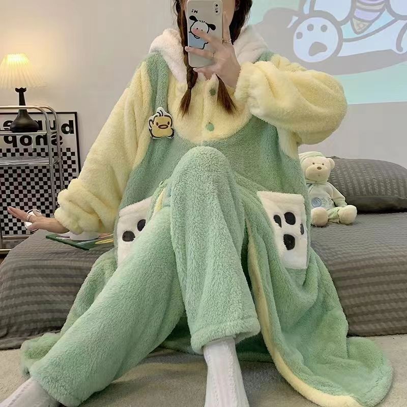 pacha dog pajamas women's autumn and winter cute cartoon coral fleece couple nightgown flannel men's home wear warm full figure