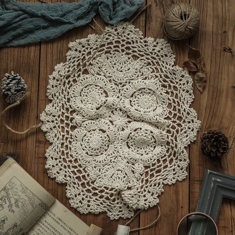 round handmade crochet crochet tablecloth fabric hollow out household living room coffee table cloth dustproof cover cloth vintage ornament Specification drawing