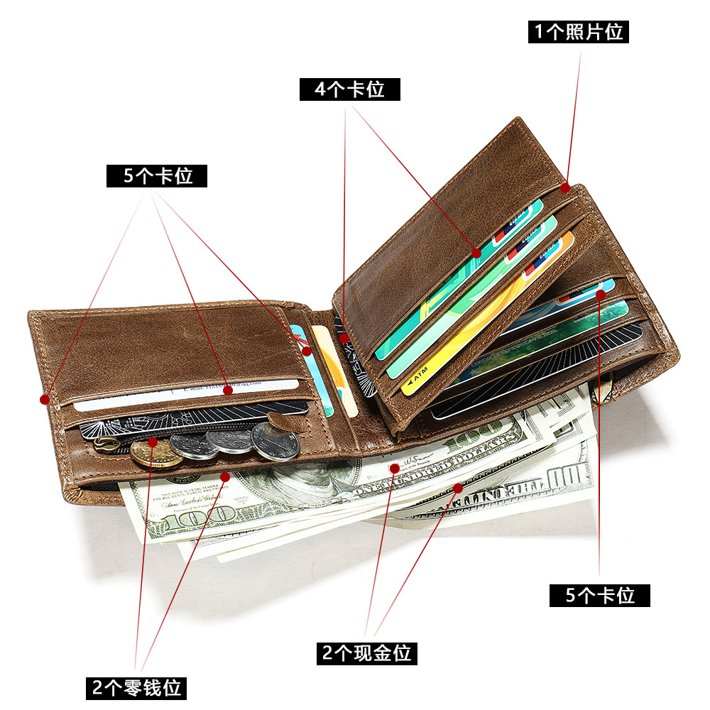 rfid anti-theft leather wallet for man wallet short first layer cowhide multiple card slots 2 fold men's wallet coin purse Specification drawing