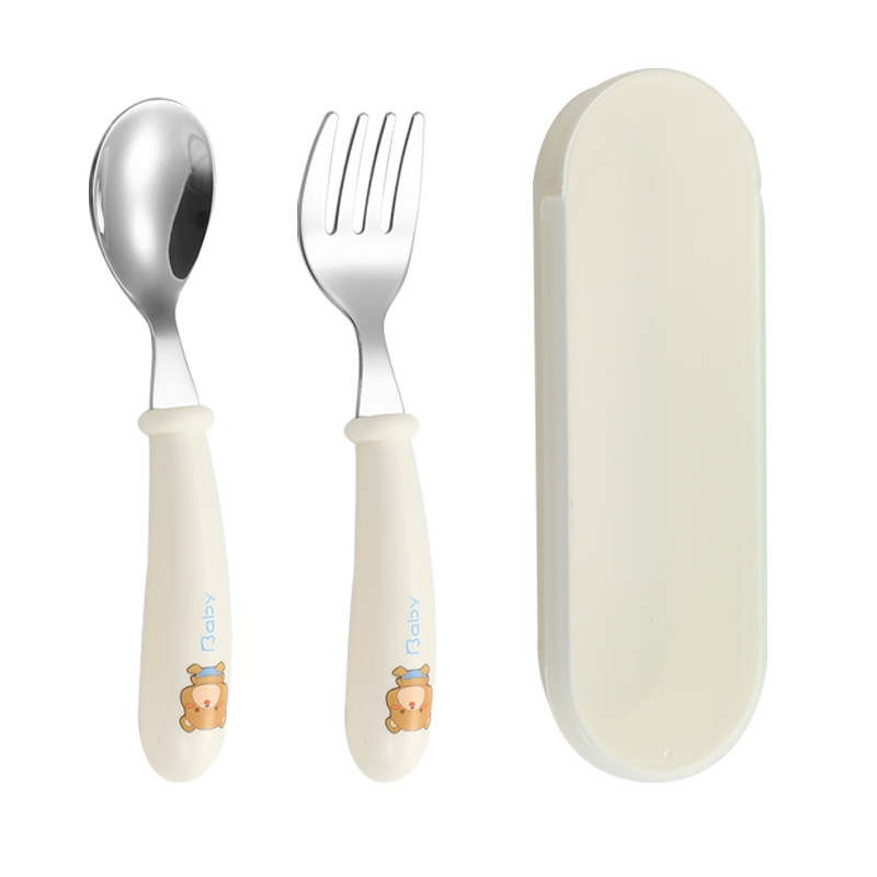 nordic cartoon 304 stainless steel child's spoon and fork box three-piece suit baby tableware maternal and child gift round handle spoon fork Item Picture
