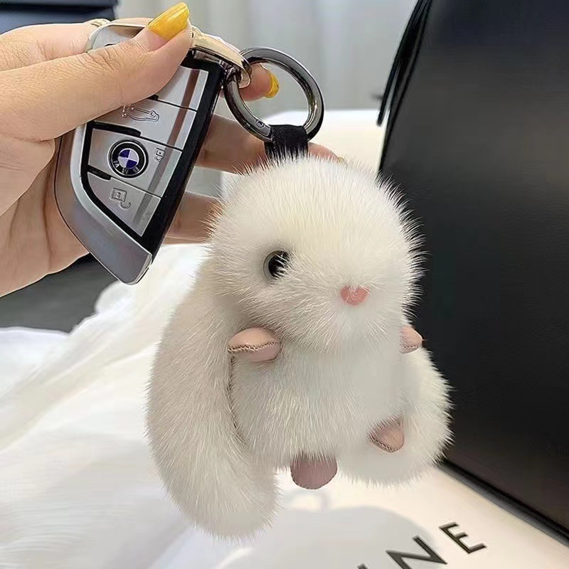 wholesale cross-border cute exquisite mink plush bunny pendant car key ring suitcase hanger pendant birthday gift details Picture