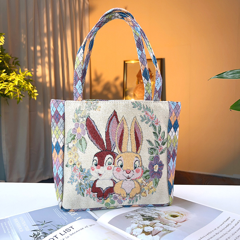 rhombus canvas bag double-sided gold silk embroidery fashion handbag daily portable hand bag lunch bag for work full figure