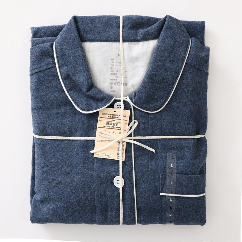 non-printed japanese style autumn and winter non-printed home wear cotton brushed flannel cotton pajamas men and women long-sleeve suit Item Picture