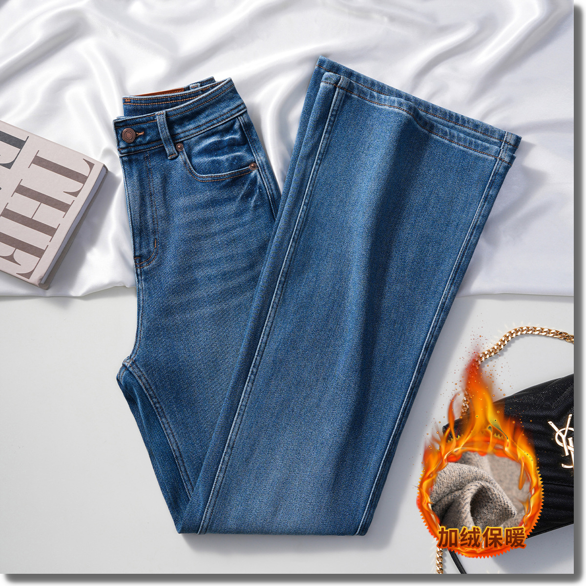 super model leg slightly flared jeans women's 25 autumn and winter fleece-lined high waist stretch slim fit mop hong kong style slim-fit straight Specification drawing