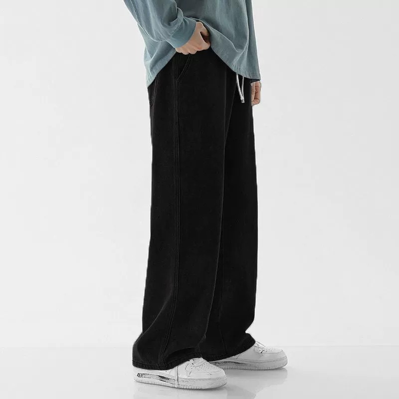 light blue elastic waist jeans men's large size loose straight wide leg casual all-match mop drawstring long pants details Picture