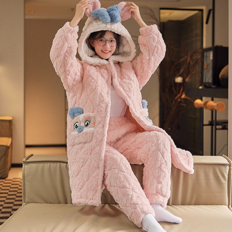 autumn and winter coral velvet pajamas women's winter sweet cute cartoon nightgown thickened flannel homewear suit Item Picture
