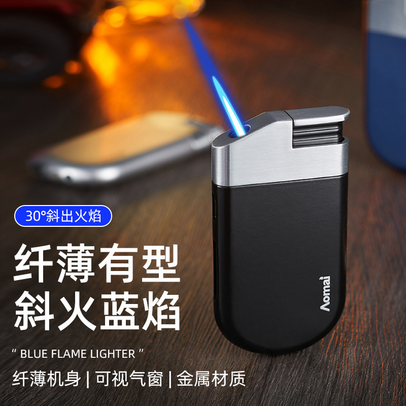 cross-border supply am7209 creative oblique fire direct punch gas lighters metal visual gas chamber windproof cigarette lighter full figure
