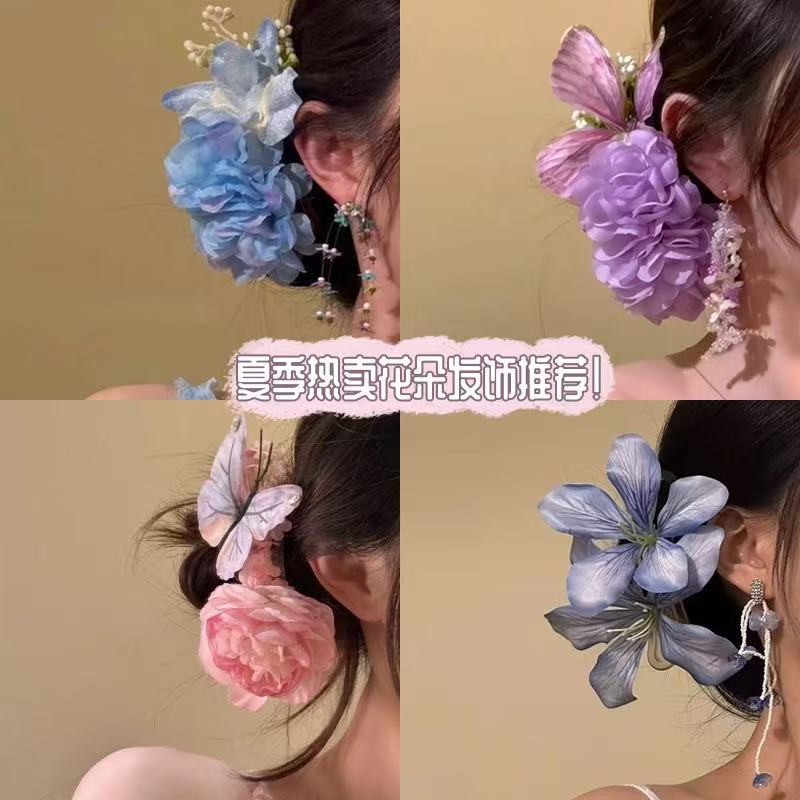 new chinese gentle pink flower barrettes retro updo bun wearing flower clip atmosphere sense photo hairware Specification drawing