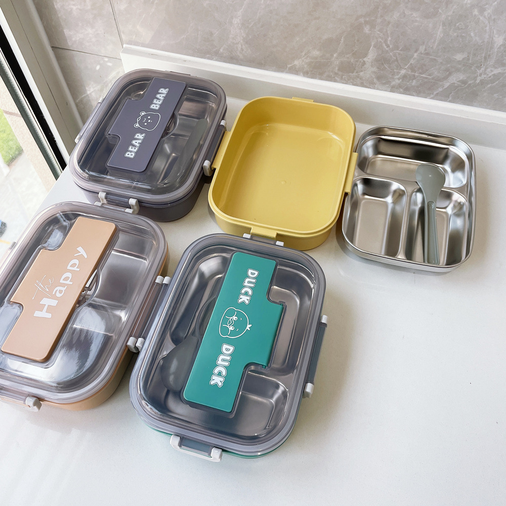three grid stainless steel lunch box with cutlery bento box heating insulation student lunch box japanese foreign trade one piece dropshipping details Picture