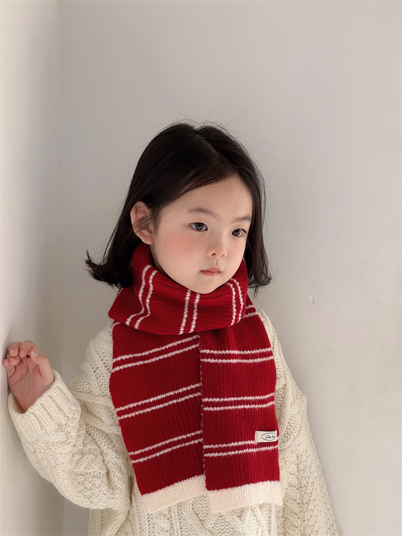 儿童时尚洋气百搭条纹围巾秋冬保暖防风新年红色韩系保暖防风护脖围脖