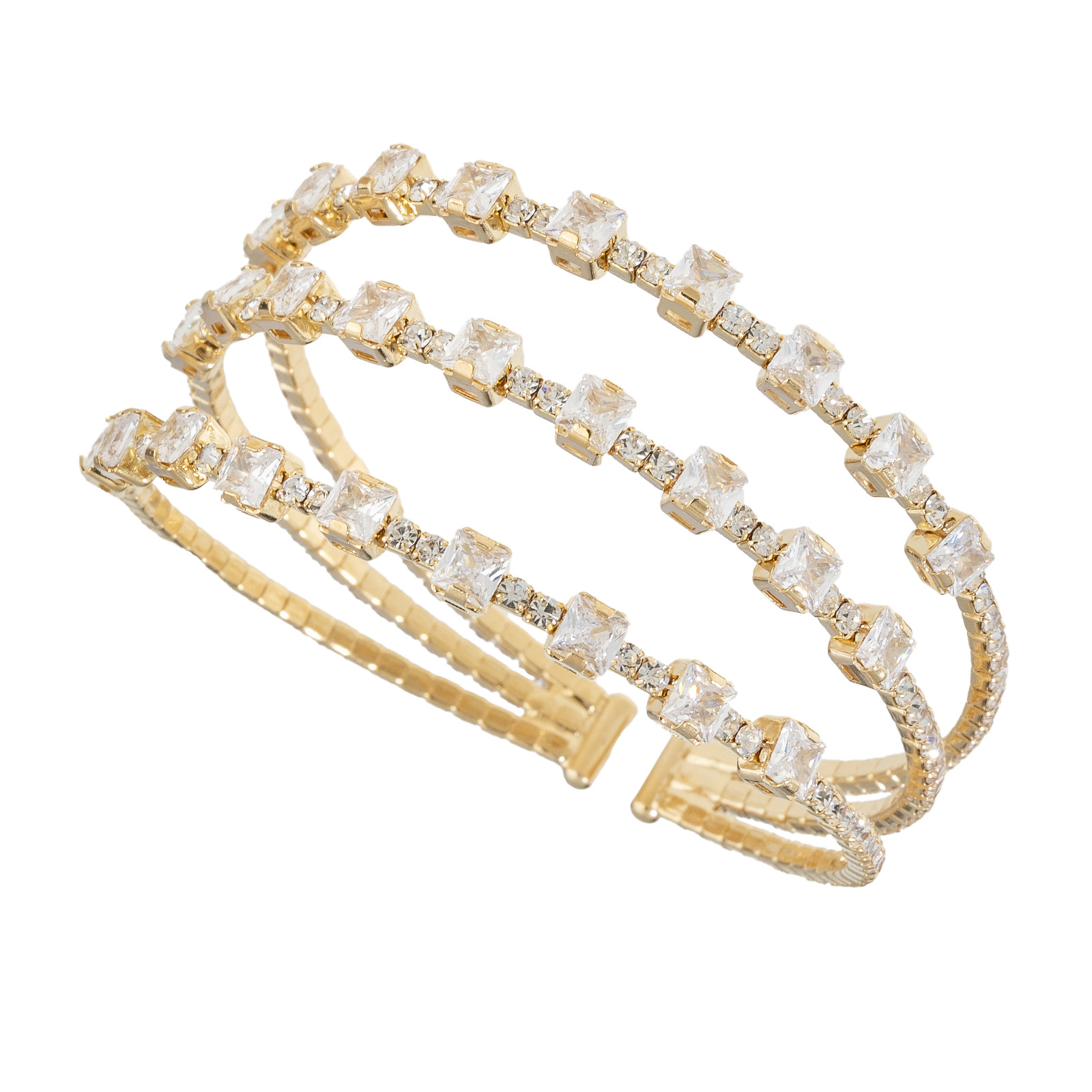 Cross-border fashion steel wire elastic bracelet, bride's wedding three-row zircon bracelet, European and American popular light luxury style multi-layer water diamond open jewelry details Picture