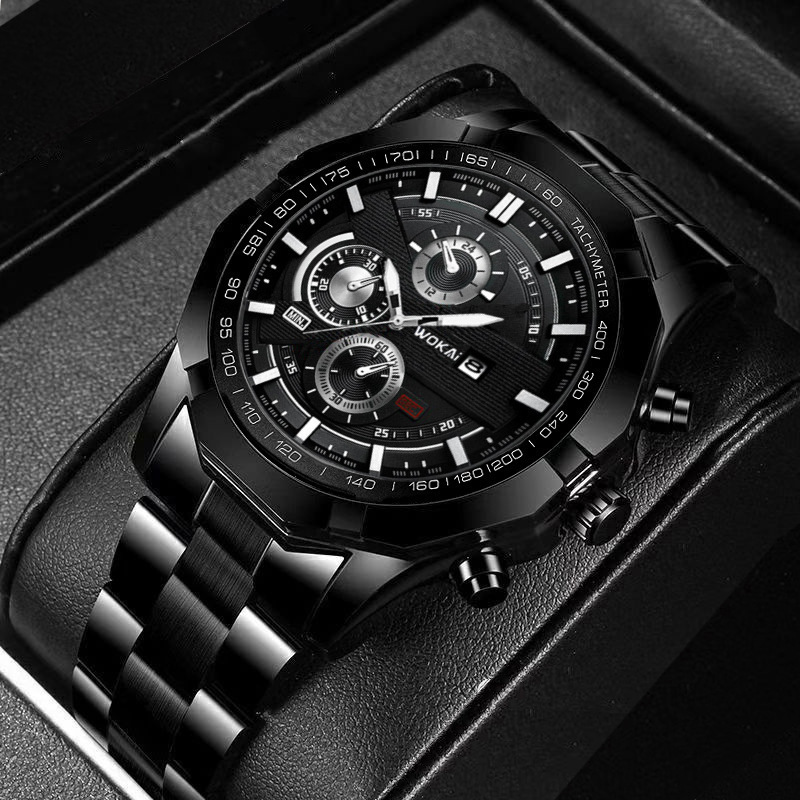 exclusive for cross-border glass quartz watch high sense fake three eyes and six needles nordic minimalism steel timepiece light luxury men's watch details Picture
