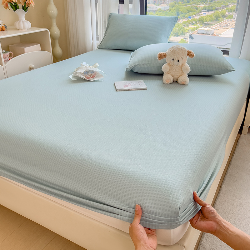 bed sheet fitted sheet all-inclusive bedspread mattress cover pure color washed cotton summer skin-friendly bedspread student three-piece set details Picture