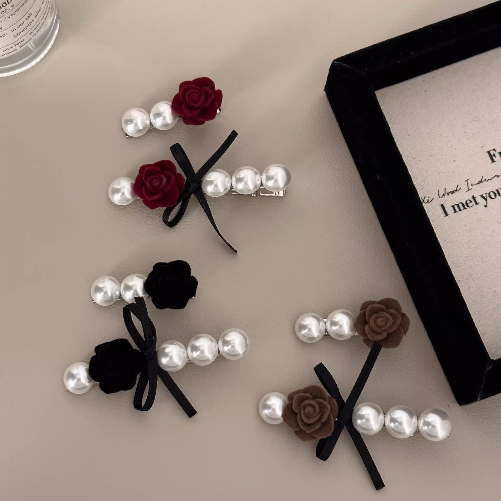 french style vintage pearl rose barrettes velvet side fringe bobby pin back head broken hair duckbill clip hairpin details Picture