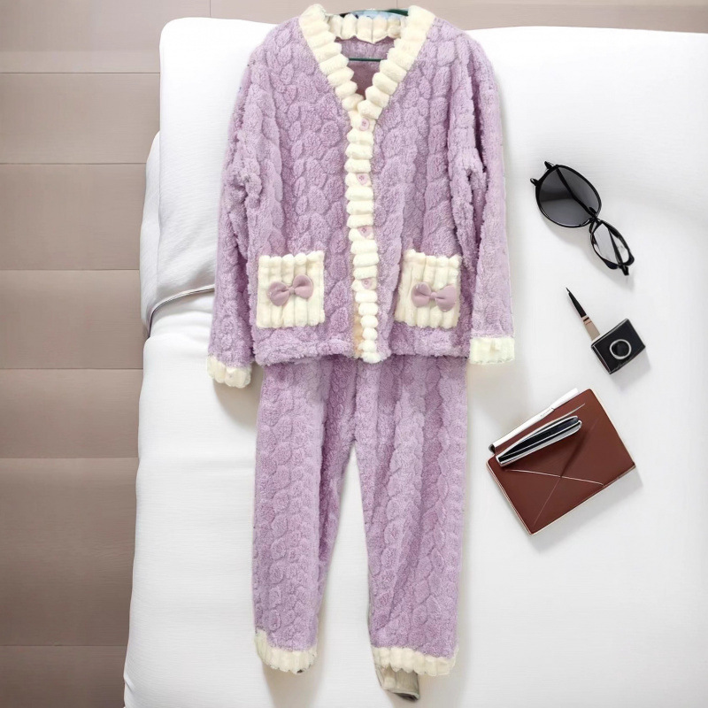 coral fleece cardigan pajamas suit women's 2025 autumn and winter new outdoor warm and cute cartoon flannel home wear details Picture