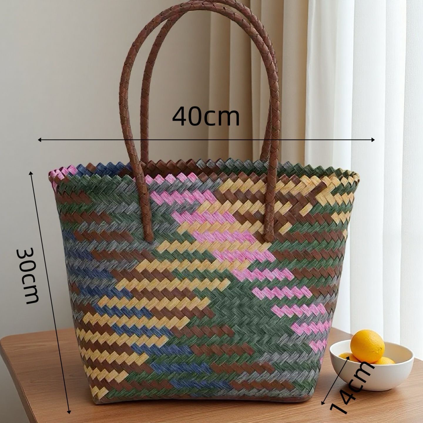 rattan-like handbag straw woven bag bamboo handle bag retro handmade woven bag fashion all-match portable shoulder bag Specification drawing