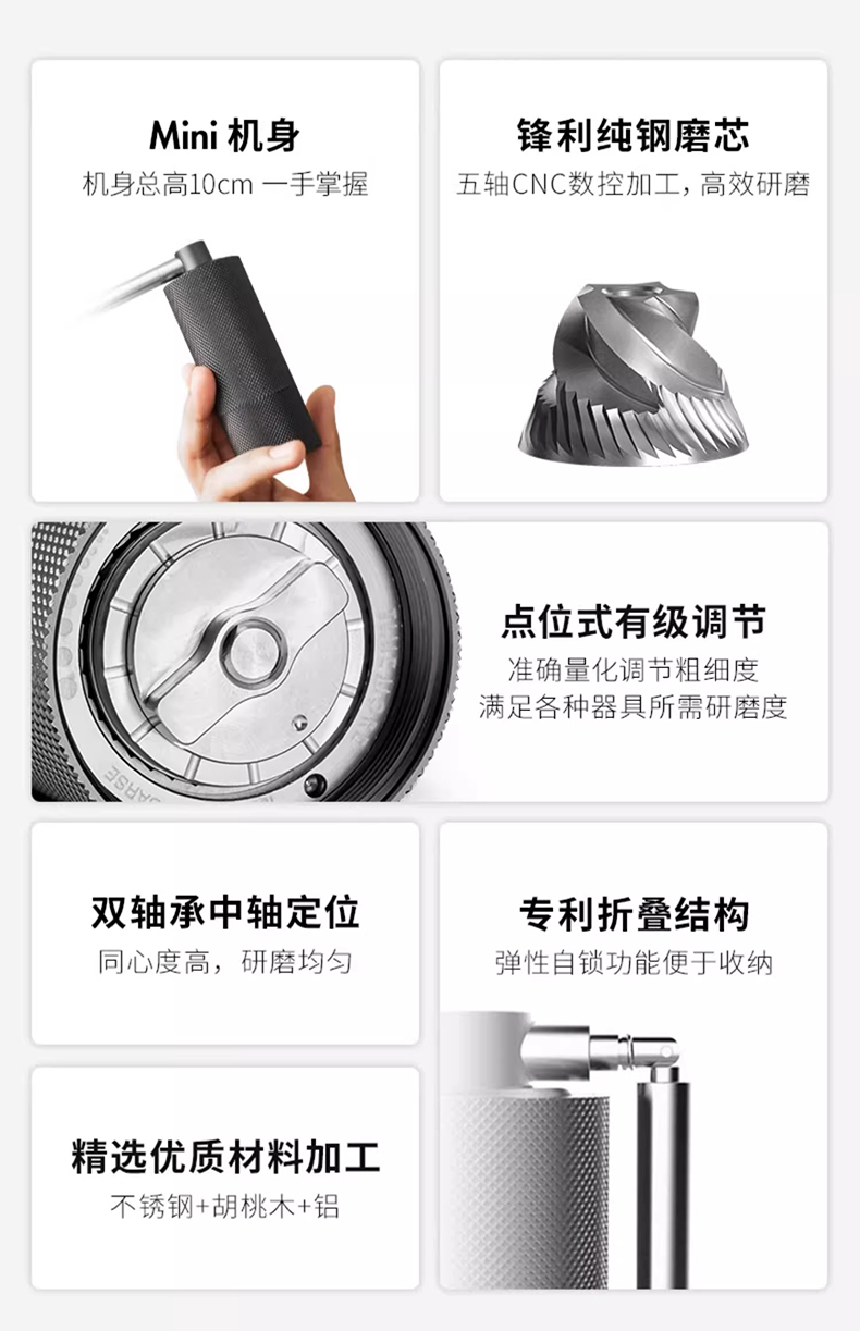 The Chestnut Nano portable folding hand-cranked coffee grinder is a household coffee bean grinder with a central axis positioning, foldable, portable and pocket-fitting stainless steel Nano coffee grinder pic 2
