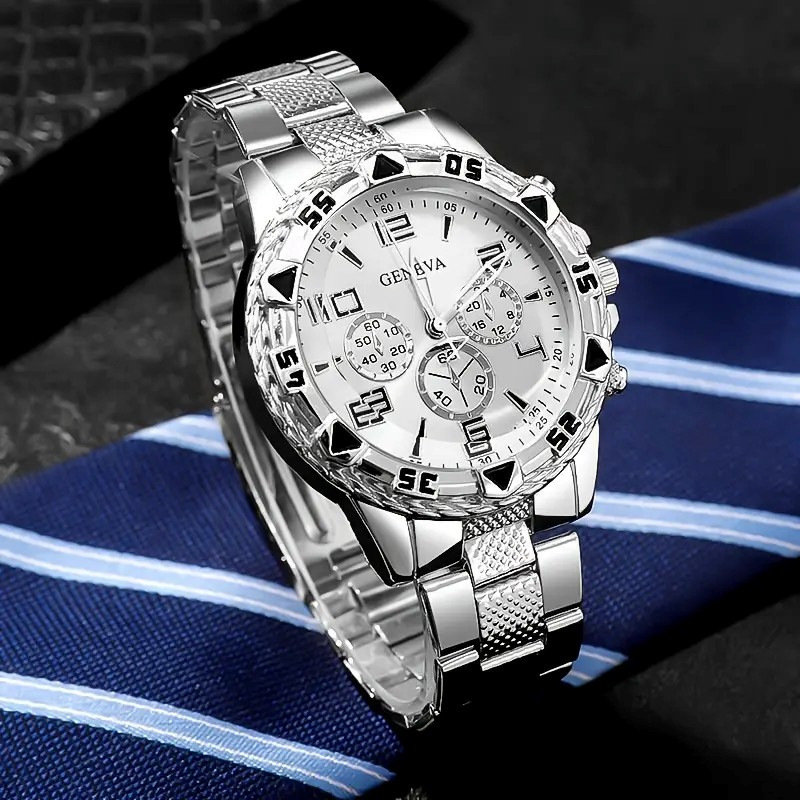 cross-border hot blue light colorful glass men's watch steel band quartz watch digital engraved vacation three-eye watch wholesale details Picture