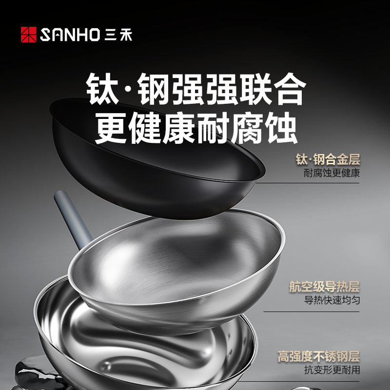 Sanhe 0-coated titanium steel non-stick wok, household uncoated induction cooker, gas stove, universal stainless steel wok Specification image