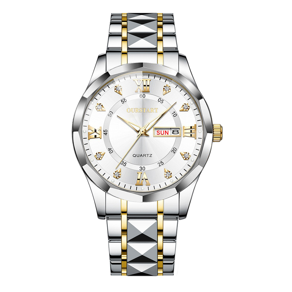 casual temperament double calendar room gold men's watch diamond luminous rivet live quartz steel watch men's watch full figure